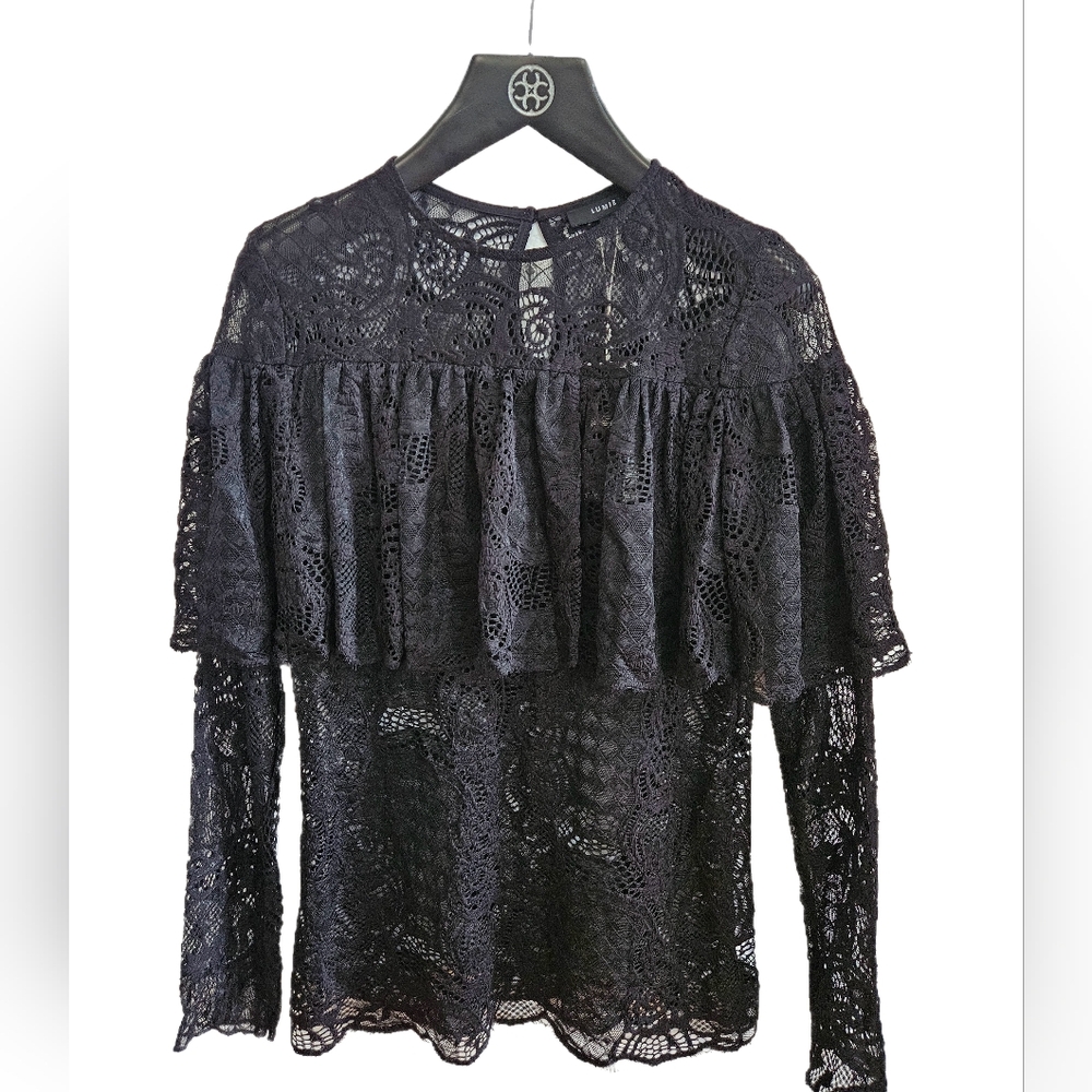 LUMIE Black Sheer Lace Ruffled Layer Shirt Top Blouse XS